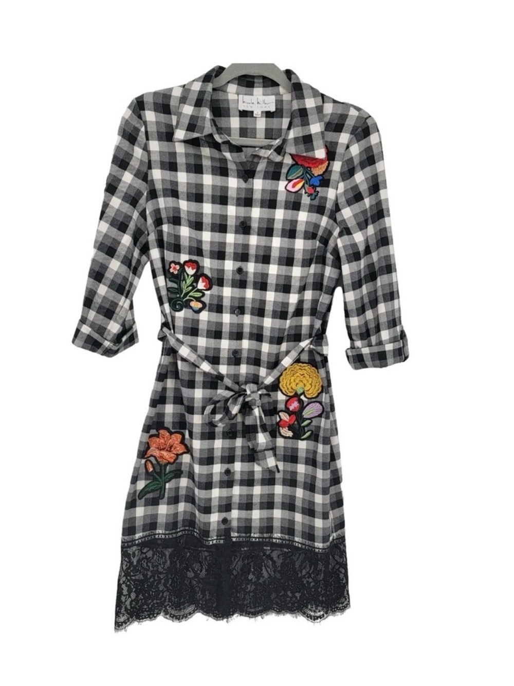 Nicole Miller NY Black & White Plaid Embroidered Tie-Waist Dress